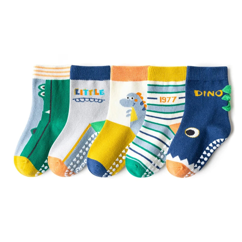 Children's mid tube socks - anti slip Dino 5 Pairs